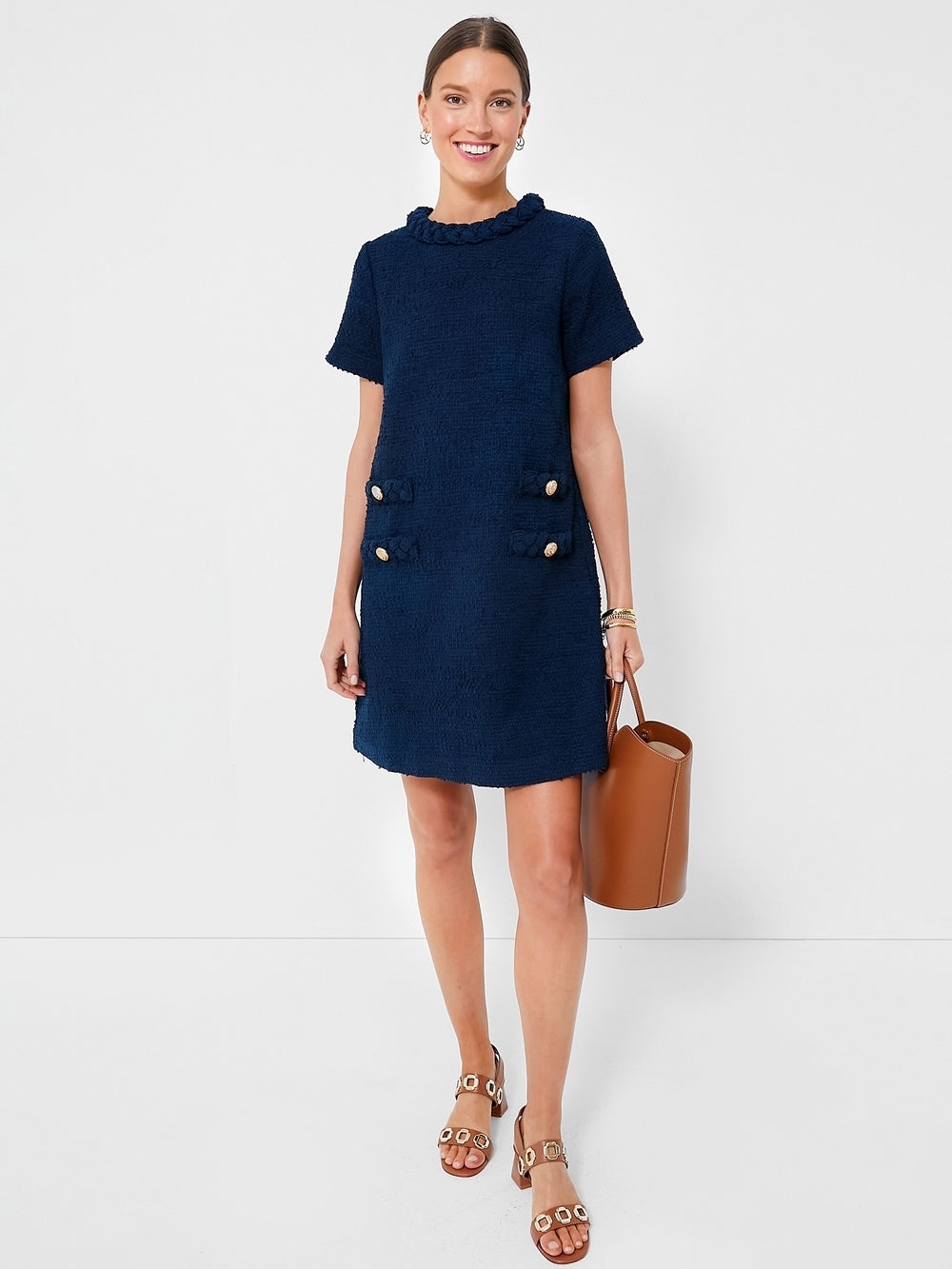 Tuckernuck Navy Short-Sleeve Textured Shift Dress Size L